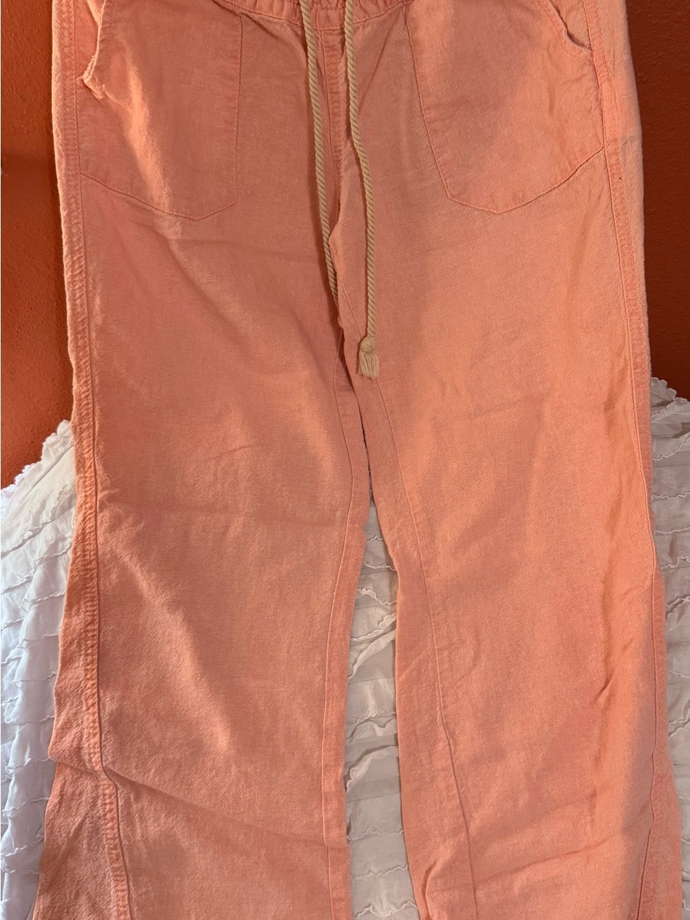 Roxy Oceanside Linen Drawstring Pants in Light Coral/Peach
